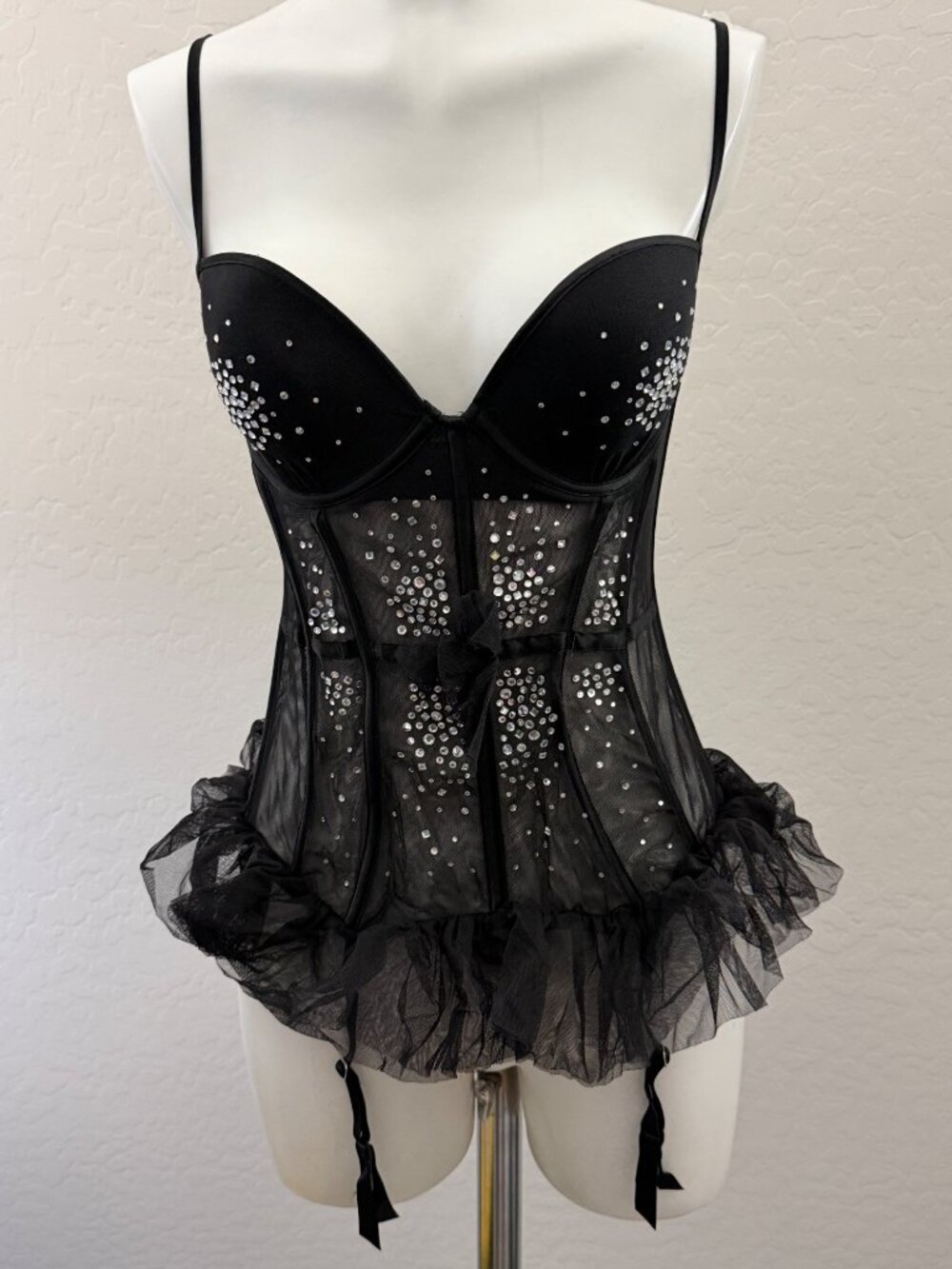 Victorias Secret Black Sheer Mesh Corset Bustier W/ Rhinestones & Garters Size 3